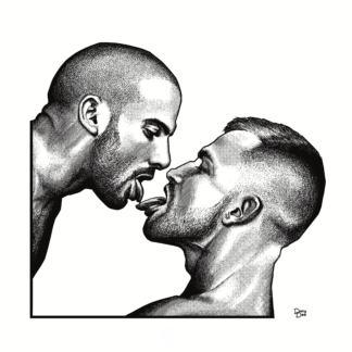 A graphic close up portrait of two guys sharing a passionate kiss.