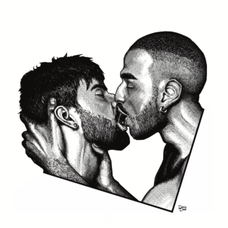 A graphic close up portrait of two guys sharing a passionate kiss