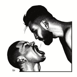 A graphic close up portrait of two guys sharing a passionate kiss