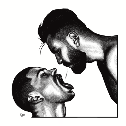 A graphic close up portrait of two guys sharing a passionate kiss