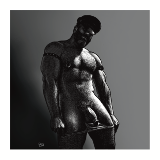 A monochrome graphic portrait of the muscled  hairy gay guy in a leather cap. Drawn by Dany Dee