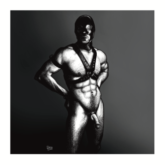 The monochrome graphic portrait of a muscled guy in a latex mask and leather harness. Inspired by several BDSM kinks. Drawn by Dany Dee.