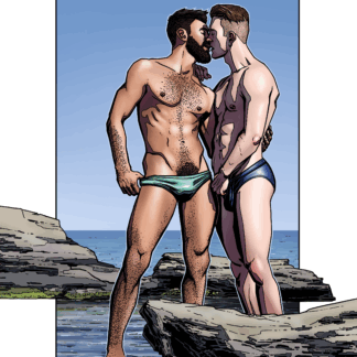 The colourful portrait of two handsome muscled guys standing in tiny lagoon on the beach among the rocks  hugging each other. Made by Dany Dee