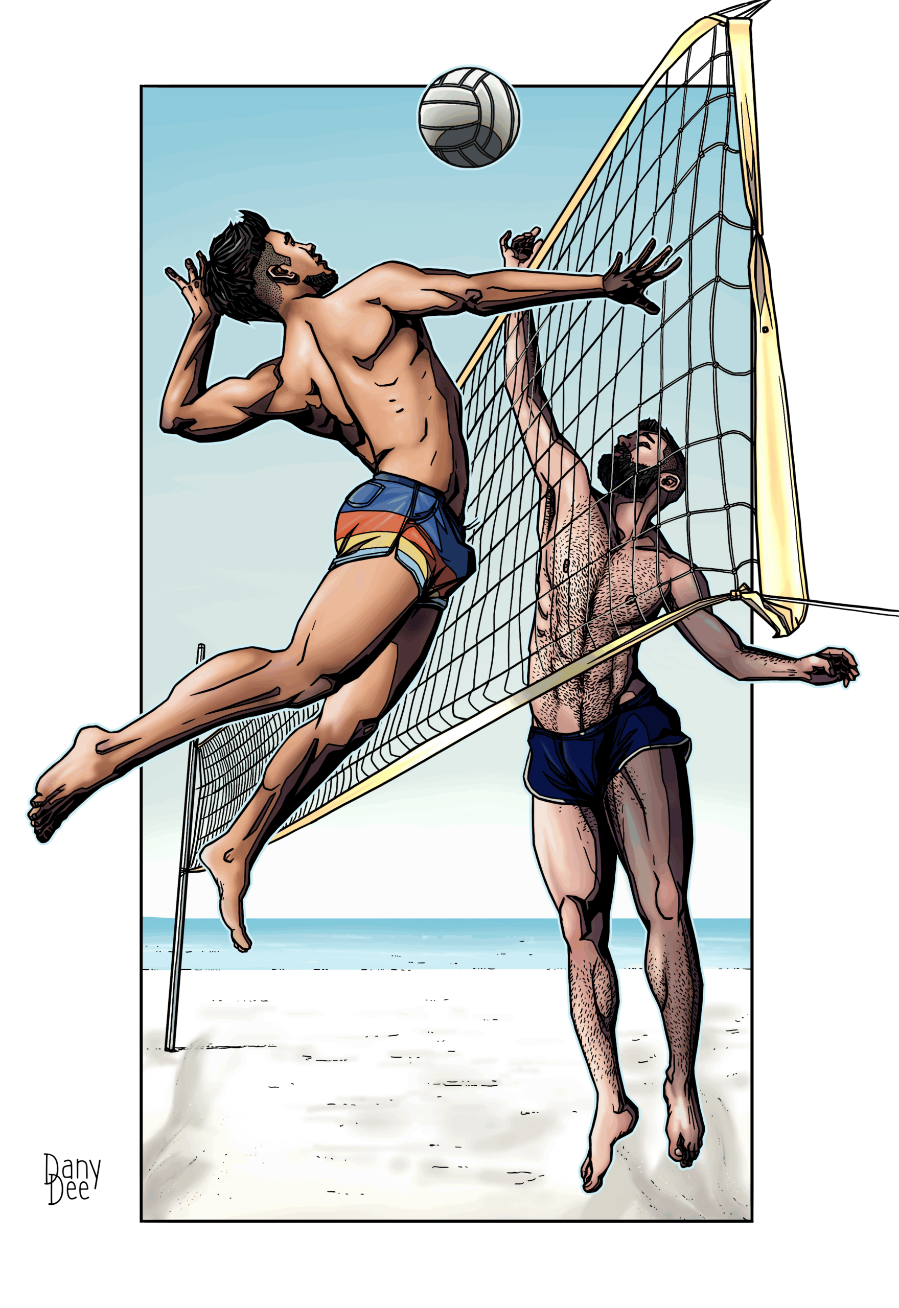 The colourful summer drawing with two fit guys in shorts playing a beach volleyball on the shore of the sea. Made by Dany Dee