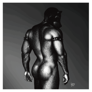 The monochromatic graphic portrait of the big, muscled very hairy guy with the stylised mask of the bear  on.