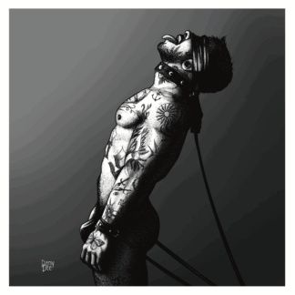 The monochromatic graphic portrait of the handsome, fit, tattooed young guy standing with a blindfold on his eyes, leather bracelets and collar on.