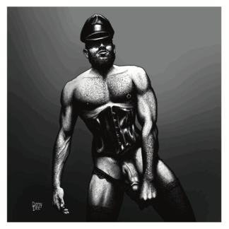 The monochromatic graphic portrait of a very muscled bearded and hairy guy with a latex corset, leather cap, lace underwear, stockings and blindfold on.