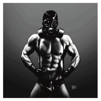 The monochromatic graphic portrait of the big muscled guy with a latex pants with straps and a huge gas mask on