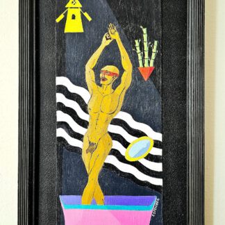 In Stripped by the Tide, the body emerges from a destabilised psychic sea, confronting the tension between exposure and resilience. The windmill, bamboo and triangle act as distant anchors ,symbols of orientation amid disorientation. The work extends the series’ exploration of identity and self‑revelation, tracing the moment when vulnerability becomes agency. It speaks of the courage to rise again, even when the tide has stripped everything away.