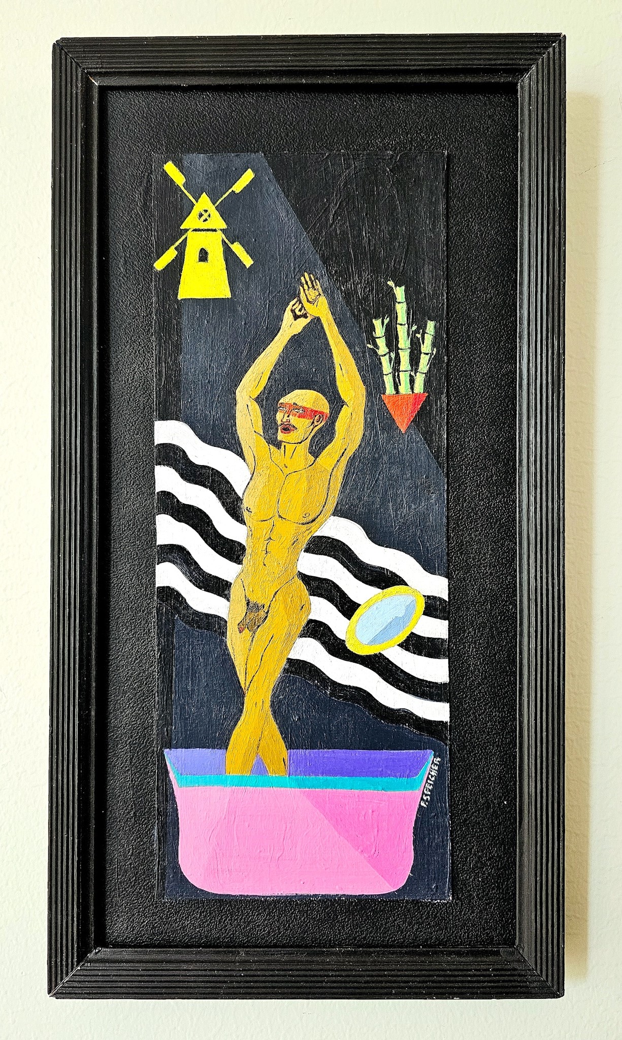 In Stripped by the Tide, the body emerges from a destabilised psychic sea, confronting the tension between exposure and resilience. The windmill, bamboo and triangle act as distant anchors ,symbols of orientation amid disorientation. The work extends the series’ exploration of identity and self‑revelation, tracing the moment when vulnerability becomes agency. It speaks of the courage to rise again, even when the tide has stripped everything away.