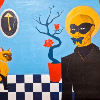 The architecture of a sacred secret. An apparition of domestic grace and masked mystery, where pearl necklaces and thorny roses guard the ultimate fluid threshold of identity within a sanctuary