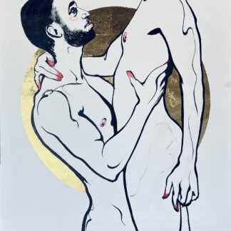 The painting depicts tender feelings between two men in love, who are looking at each other. They are naked and warm hugs warm their bodies.