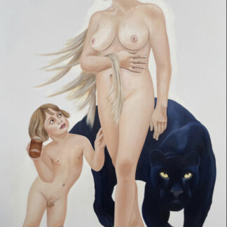 Venus wird mit Amor als Honigdieb dargestellt. Beschützt wird das Paar von einem schwarzen Panther.