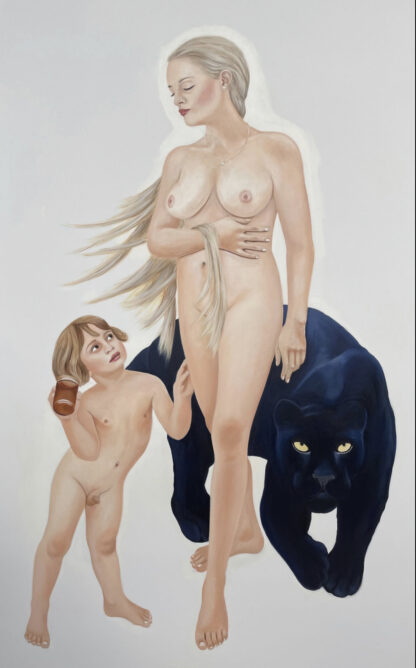 Venus wird mit Amor als Honigdieb dargestellt. Beschützt wird das Paar von einem schwarzen Panther.