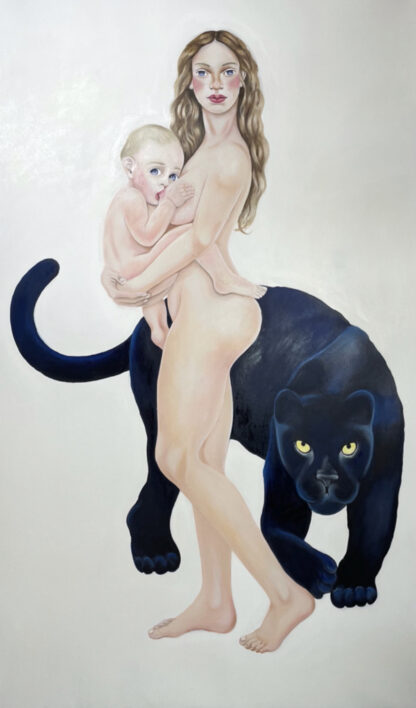 Auf dem Bild ist Venus mit Amor in einer klassischen Marienpose. Beschützt wird das Paar von einem schwarzen Panther, der in der Antike als Symbol gegen das Böse angesehen wurde.