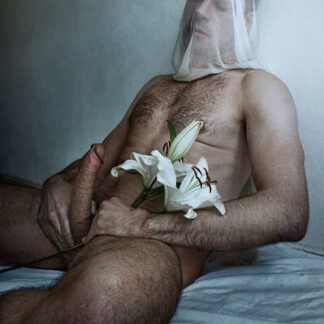 Erotic sitting  nude veiled man with lily - fine art photography