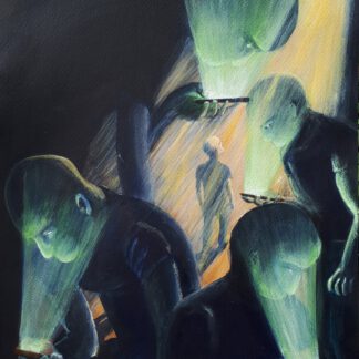 „Verbindung / Connection“ (2018) von Lars van Roosendaal: Acrylbild auf Papier zeigt mehrere gebeugte, entindividualisierte Figuren im kalten Licht ihrer Smartphones. Das Werk thematisiert digitale Entfremdung, queer konnotierte Einsamkeit, Fetischisierung durch App-Kultur und den Verlust realer Nähe.   “Verbindung / Connection” (2018) by Lars van Roosendaal: acrylic painting on paper showing hunched, depersonalized figures illuminated by smartphone light. The work explores digital alienation, queer-coded isolation, app-based fetish culture, and the loss of real-world intimacy.