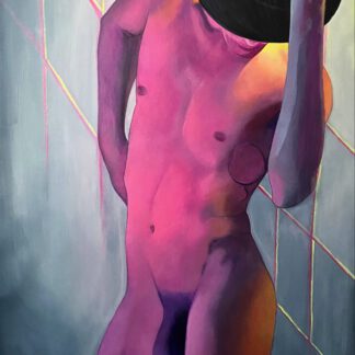 A nude man hiding his face with a black hat showing his naked body glowing in pink shades