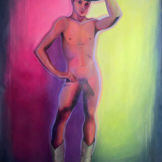 Colorful nude space-cowboy with silver boots, black hat and fishnet skirt on a pink and limegreen background