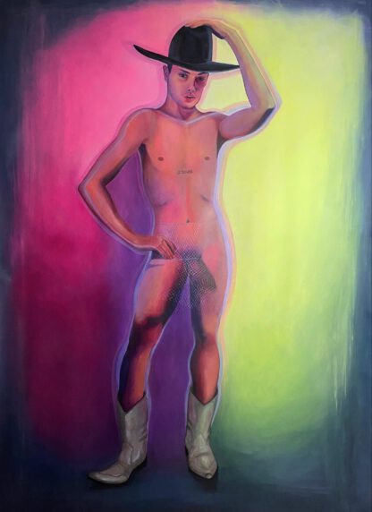 Colorful nude space-cowboy with silver boots, black hat and fishnet skirt on a pink and limegreen background