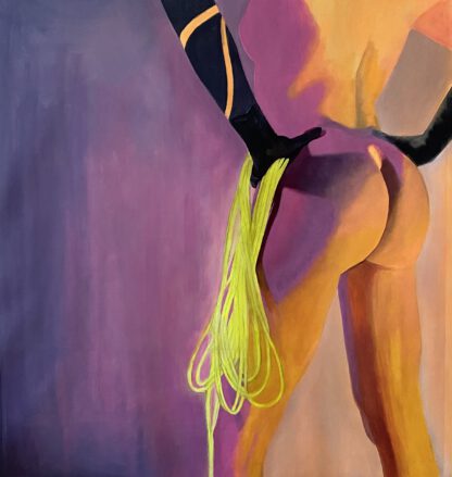 A naked woman from the back with black latex gloves holding a lasso