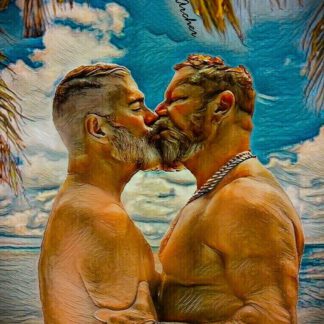 Two bearded men kissing in a tropical setting.