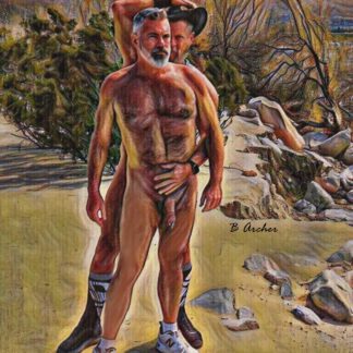 Two hairy naked men (bears) are hugging out in the desert near Palm Springs, California, USA. One has a Prince Albert ring.