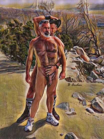 Two hairy naked men (bears) are hugging out in the desert near Palm Springs, California, USA. One has a Prince Albert ring.