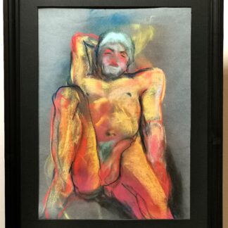 A life model reclining in a charged pose, captured in soft pastels with warm yellows, reds, and blues on primed cotton paper, framed in black wood (50x70 cm).