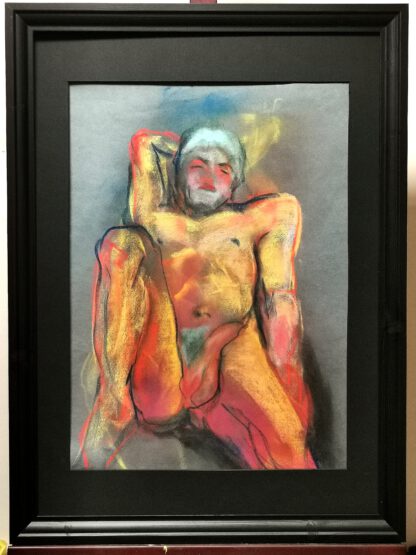 A life model reclining in a charged pose, captured in soft pastels with warm yellows, reds, and blues on primed cotton paper, framed in black wood (50x70 cm).