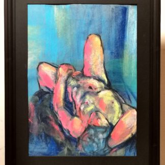 A life model in a reclining pose, rendered with soft pastels on primed cotton paper, framed in black wood. The artwork, measuring 50x70 cm, combines vivid pink, blue, and green hues to evoke a sense of depth and vulnerability.