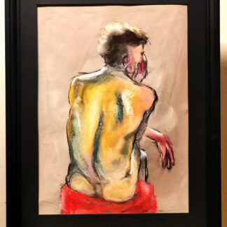 A male model seated with his back turned, rendered in soft pastels with warm yellows, pinks, and red accents, conveying a sense of fading love, framed in black wood (50x70 cm).