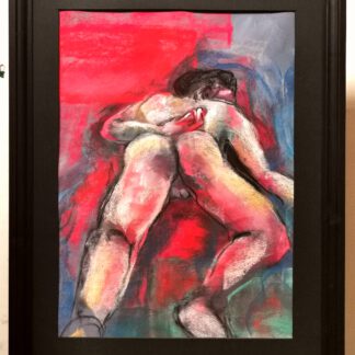 A male model reclining against a vivid red and blue backdrop, captured in soft pastels with warm and vibrant tones, framed in black wood (50x70 cm).