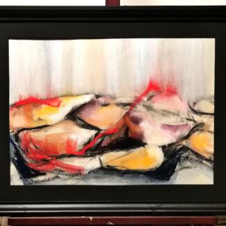 An abstracted view of a reclining figure with warm yellows, intense reds, and muted pinks and purples, suggesting disintegration and heartbreak, framed in black wood (50x70 cm).