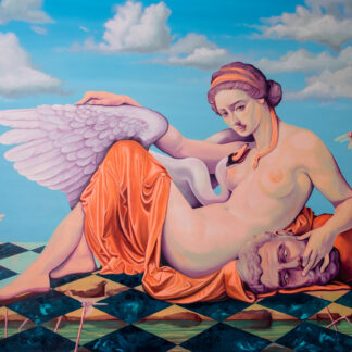 Leda hat nun die Oberhand, sie begegnet dem  aufgeregten Schwan ohne Angst und legt ihre Hand fast beschützend über ihn. Mit der zweiten Hand verschließt sie etwas verspielt den Mund des entsetzt wirkenden Kopfes, der auf dem Boden liegt.