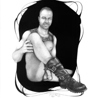Inspired by an erotic photograph from the 1970s, this illustration is a reinterpretation of that image, but one that focuses on the leather boot as a fetish item, adding a twist to the fantasy.
