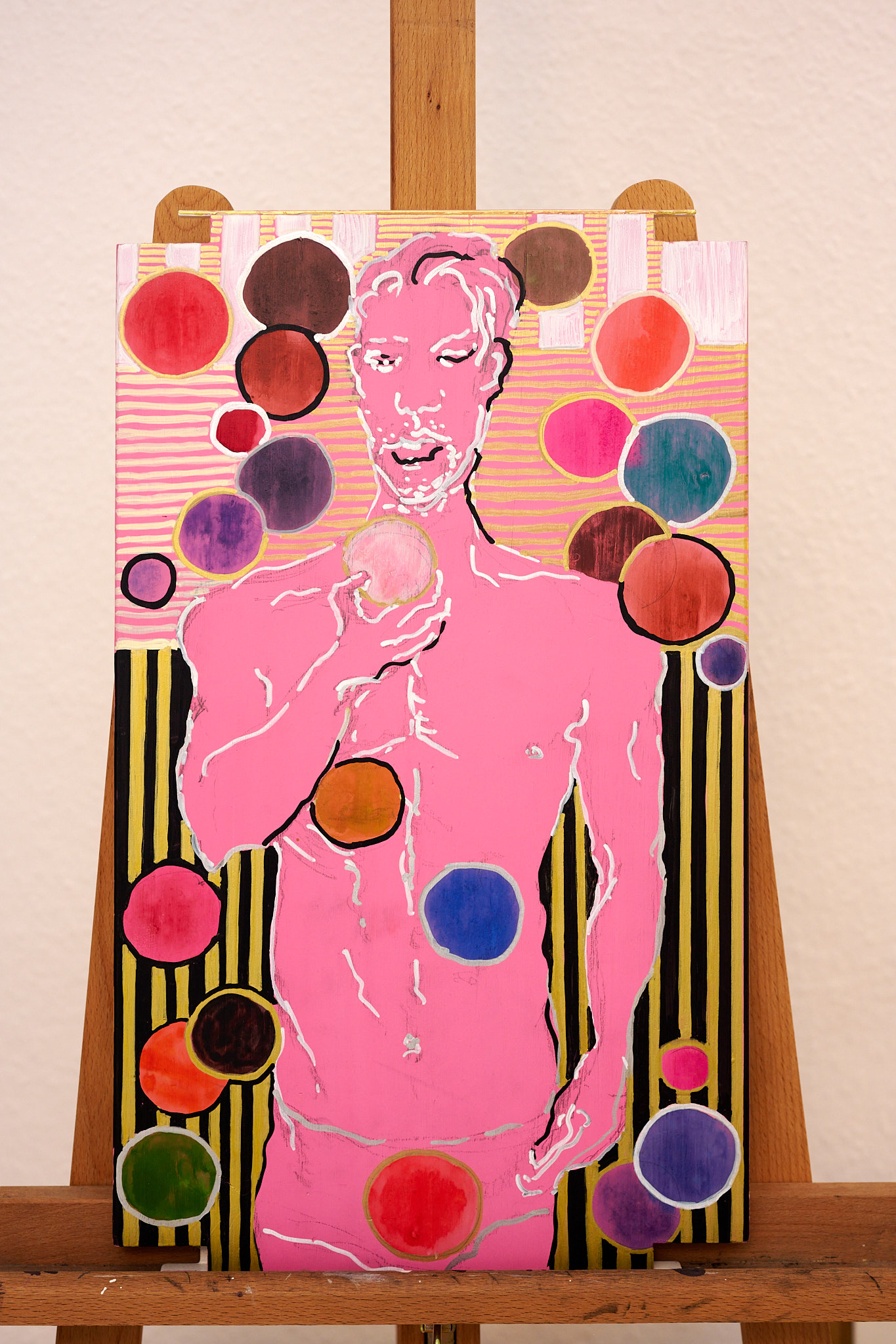 Das Bild ist mit Aquarellfarben, Bleistift auf Acryl und Holz gezeichnet und gemalt. Der Holzuntergrund ist ein Regalboden für ein Buchregal. Daher die merkwürdige Form an den Seiten verstärkt mit Metall-Leisten.