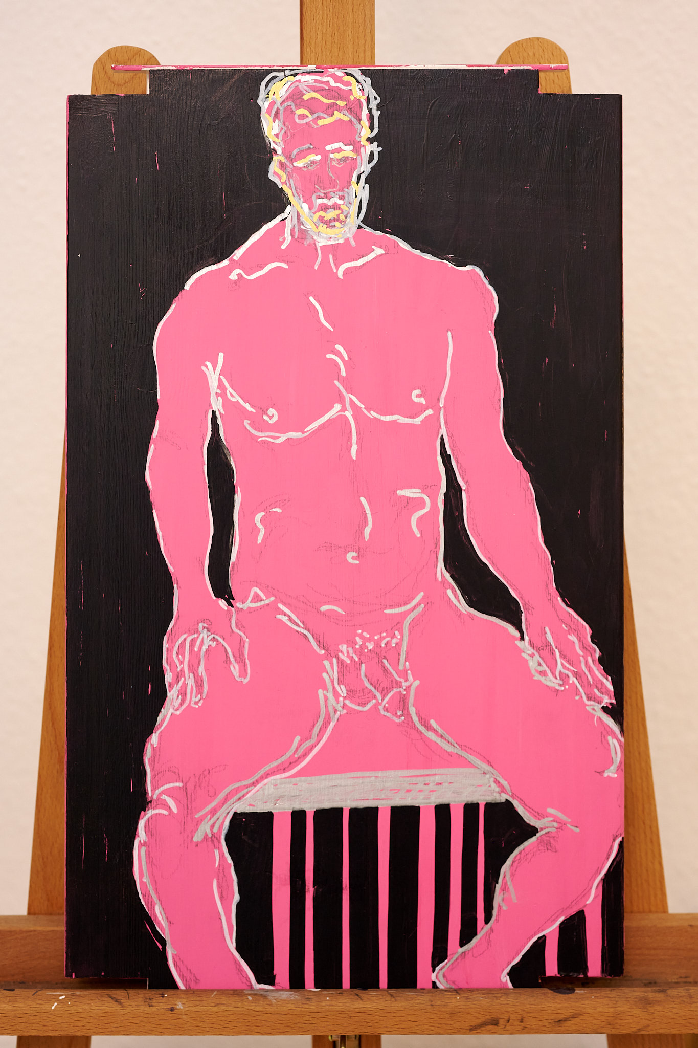 Das Bild ist mit Aquarellfarben, Bleistift auf Acryl und Holz gezeichnet und gemalt. Der Holzuntergrund ist ein Regalboden für ein Buchregal. Daher die merkwürdige Form an den Seiten verstärkt mit Metall-Leisten. Das Bild verfügt über keinen Rahmen.