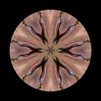Kaleidoskopische Fotografie einer Vulva mit Schmuck, symmetrisch gespiegelt zu einer abstrakten Kreisform. Kunstwerk aus der Serie Body Relics von The Bananaverse.