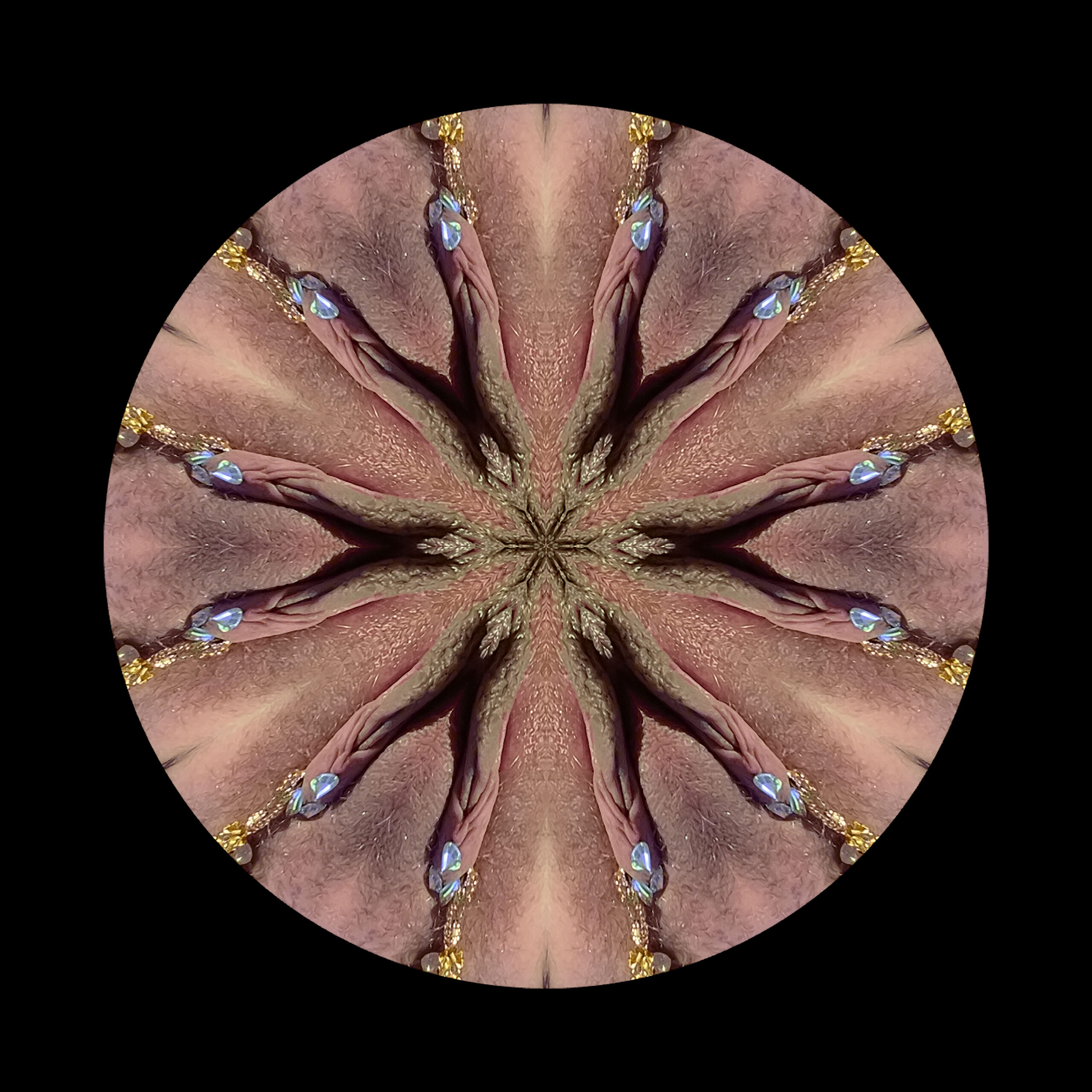 Kaleidoskopische Fotografie einer Vulva mit Schmuck, symmetrisch gespiegelt zu einer abstrakten Kreisform. Kunstwerk aus der Serie Body Relics von The Bananaverse.