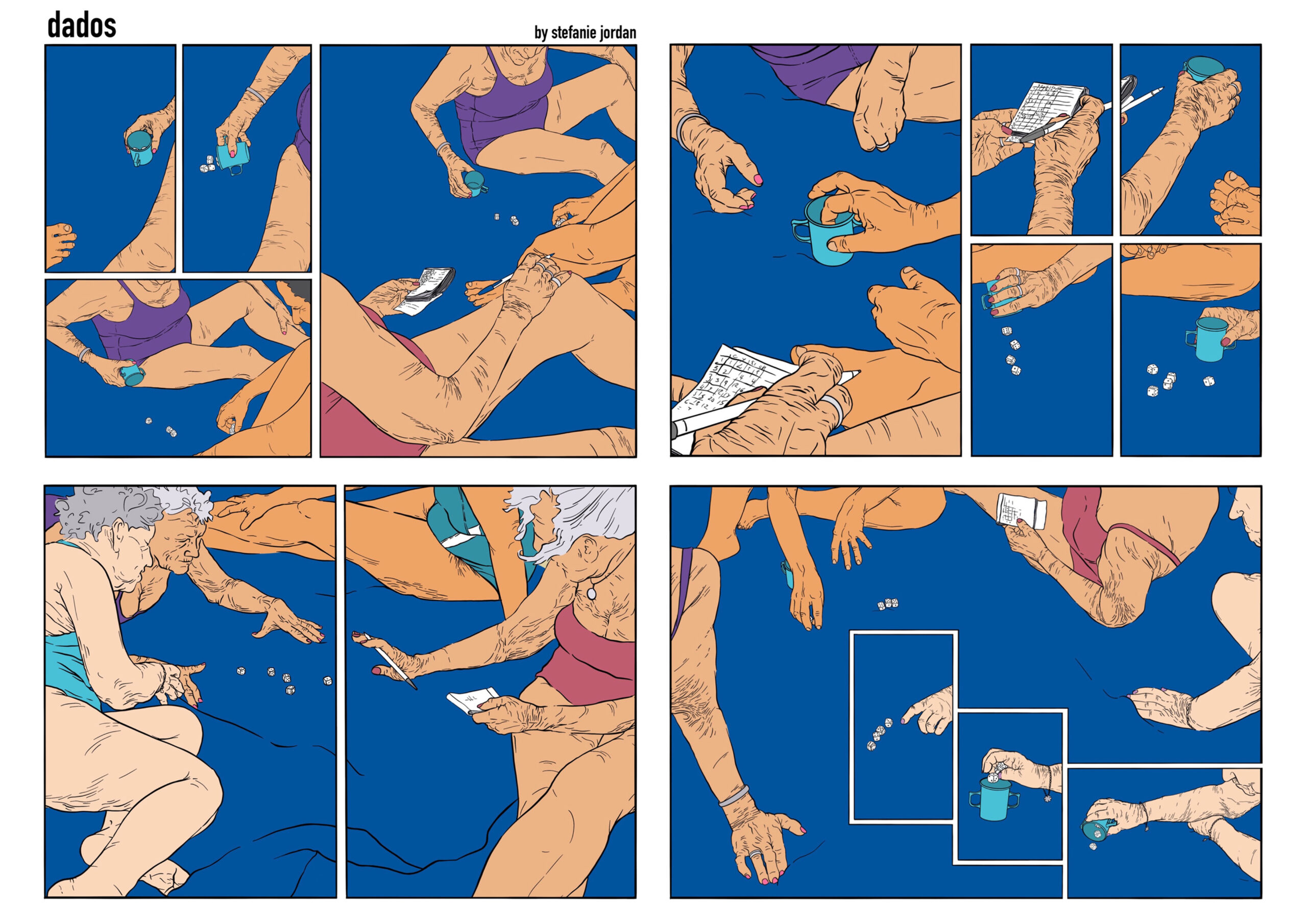 Die digital gezeichnete Comic-Arbeit DADOS verhandelt Weiblichkeit, Körper und Altern jenseits eines normierenden, begehrenden Blicks. Ausgangspunkt ist eine reale Szene: Eine Gruppe von Frauen in ihren Achtzigern spielt gemeinsam am Strand Würfel – versunken im Spiel, selbstvergessen und zugleich ganz bei sich.