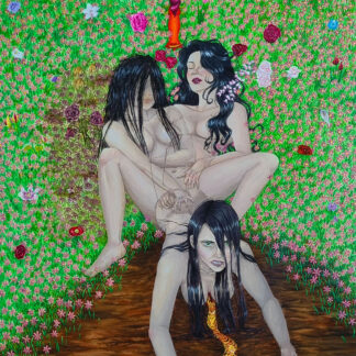 The female Experience, divided into three women, lying in a bed of flowers, some resembling the vulva. One woman is furious and wild, crawling through mud, a trail of lava under her; one in pain, with her face hidden, surrounded by dead flora; one beautiful and lustful. At the head of the painting are flowers, forming the shape of the uterus.