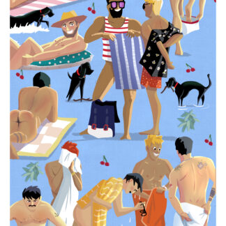 My first version of masculinity is an illustration that captures a colourful, joyful moment of masculine camaraderie at the beach. The scene is alive with the energy of summer. Men lounging, undressing, or wrapping themselves in towels, their bodies bathed in sunlight. The composition celebrates the freedom and sensuality of the season, with a playful yet tender focus on the masculine body.  Inspired by real-life observations, sitting and capturing poses at the beach in Munich river.