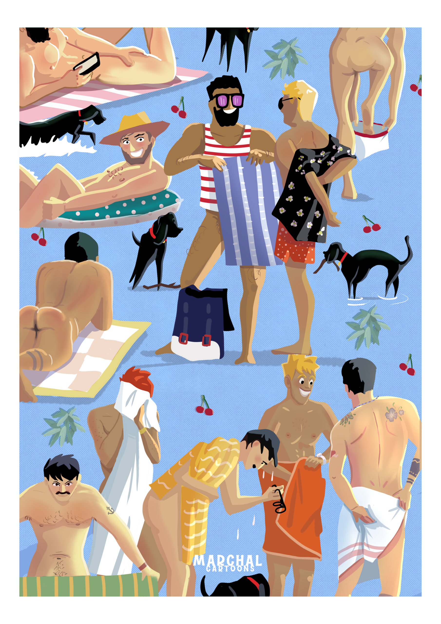 My first version of masculinity is an illustration that captures a colourful, joyful moment of masculine camaraderie at the beach. The scene is alive with the energy of summer. Men lounging, undressing, or wrapping themselves in towels, their bodies bathed in sunlight. The composition celebrates the freedom and sensuality of the season, with a playful yet tender focus on the masculine body. Inspired by real-life observations, sitting and capturing poses at the beach in Munich river.