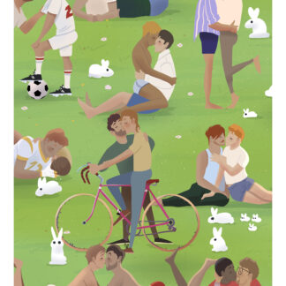 My second vision of masculinity reimagines a playful, dreamlike spring day, where queer couples lie in the grass, sharing kisses and laughter. The scene is alive with the energy of youth, as twink-like figures in different poses but all kissing under the soft glow of the season. Surrounding them, white rabbits, adding a layer of sensuality and whimsy, symbolizing fertility, freedom, and the unabashed celebration of desire.