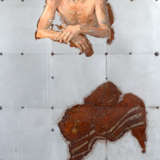Gemälde „Conversation Piece“ von Sabatino Cersosimo. Männliche Figur auf verschweißten Stahlplatten, ausgeführt in Ölfarbe, mit Oxidation und mechanischer Gravur