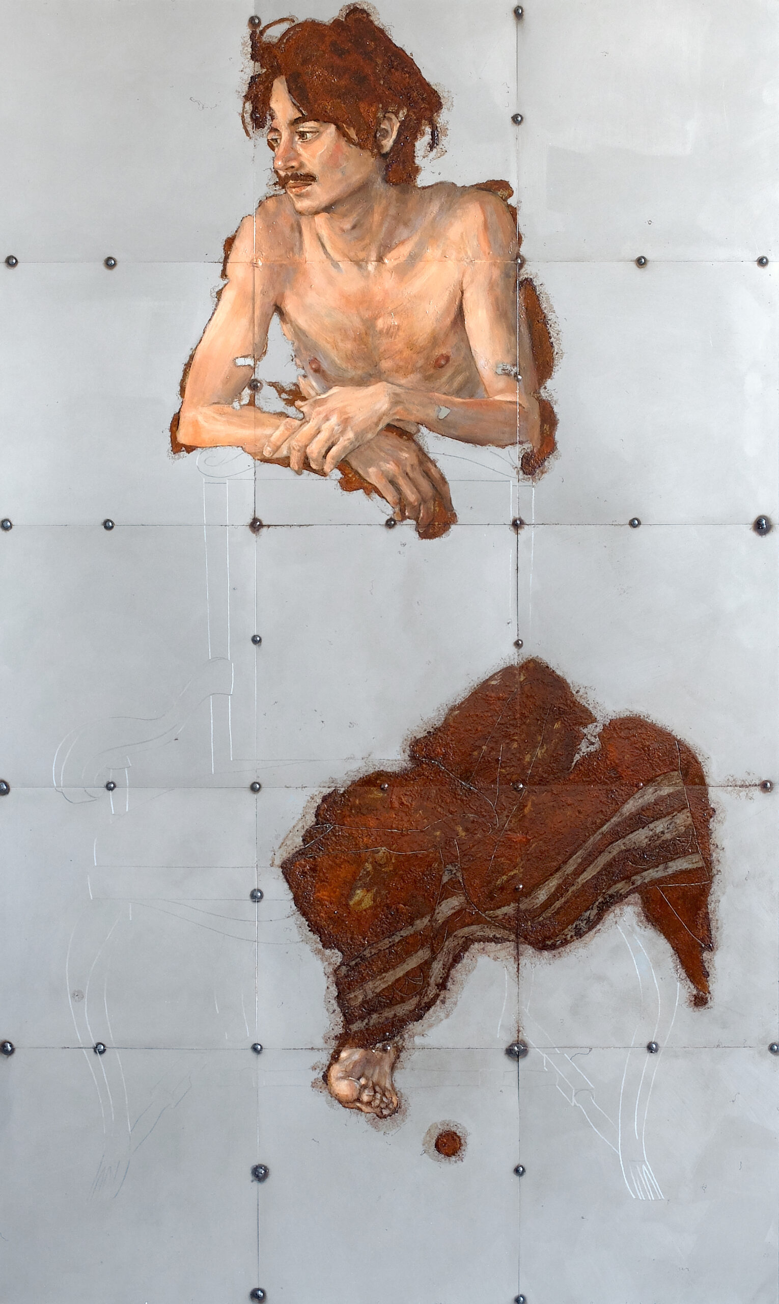 Gemälde „Conversation Piece“ von Sabatino Cersosimo. Männliche Figur auf verschweißten Stahlplatten, ausgeführt in Ölfarbe, mit Oxidation und mechanischer Gravur