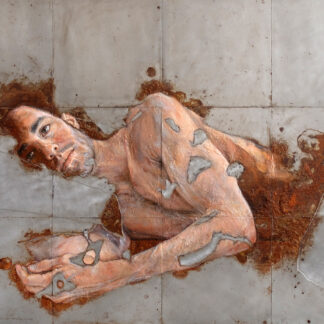 Gemälde „Doon't Listen When I Scream“ von Sabatino Cersosimo. Männliche Figur auf Stahlplatten mit Ölfarben, Oxidation und mechanische Gravur